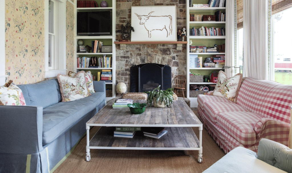 The cozy living room in the guest house focuses on a wood-burning fireplace. (Photo by Kerry Kirk Photography)